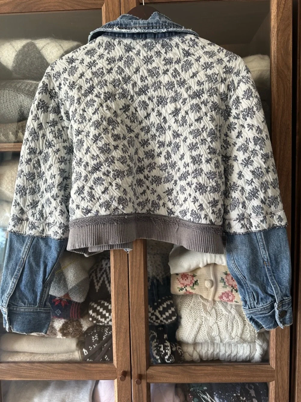 Free People Quilted Floral Mix-Media Jacket in White and Blue - Picture 4 of 4